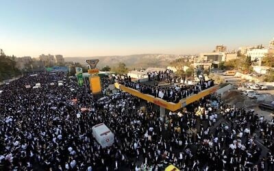 Ultra-Orthodox Jews protest against conscription into the Israel Defense Forces, in Jerusalem on October 30, 2025. (Eli Katzoff/The Times of Israel)
