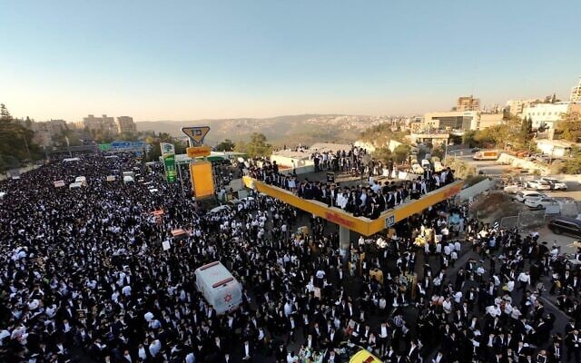 Ultra-Orthodox Jews protest against conscription into the Israel Defense Forces, in Jerusalem on October 30, 2025. (Eli Katzoff/The Times of Israel)