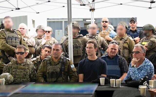 L-R: CENTCOM chief Adm. Brad Cooper, IDF Chief of Staff Lt. Gen. Eyal Zamir, Jared Kushner, and US special envoy to the Middle East Steve Witkoff are seen at an IDF base in the Gaza Strip, October 11, 2025. (Israel Defense Forces) L-R: CENTCOM chief Adm. Brad Cooper, IDF Chief of Staff Lt. Gen. Eyal Zamir, Jared Kushner, and US special envoy to the Middle East Steve Witkoff are seen at an IDF base in the Gaza Strip, October 11, 2025. (Israel Defense Forces)