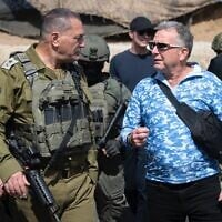 US Middle East envoy Steve Witkoff (right) accompanied by IDF Chief of Staff Lt. Gen. Eyal Zamir (left), at an Israeli military base in Gaza, October 11, 2025. (Israel Defense Forces)