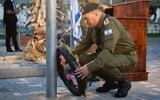 IDF Chief of Staff Lt. Gen. Eyal Zamir lays a wreath during a ceremony at the Nahal Oz base, marking the Hebrew anniversary of the October 7 onslaught, October 16, 2025. (Israel Defense Forces)