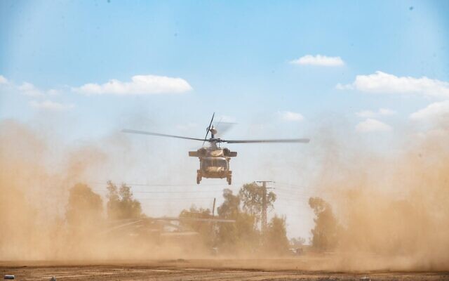 A helicopter carrying freed hostages takes off from Re'im to a hospital in central Israel on October 13, 2025 (Israel Defense Forces)