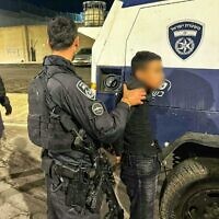 Police arrest a Palestinian terror suspect who was previously released as part of a hostage-prisoner exchange, after he was suspected to have renewed his involvement in terrorist activity, overnight on October 29, 2025. (Israel Police)