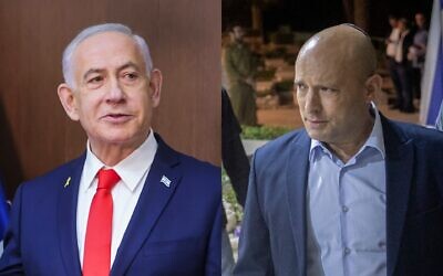 Left: Prime Minister Benjamin Netanyahu, October 22, 2025; right: Former prime minister Naftali Bennett, October 15, 2025. (Marc Israel Sellem/POOL; Chaim Goldberg/Flash90)