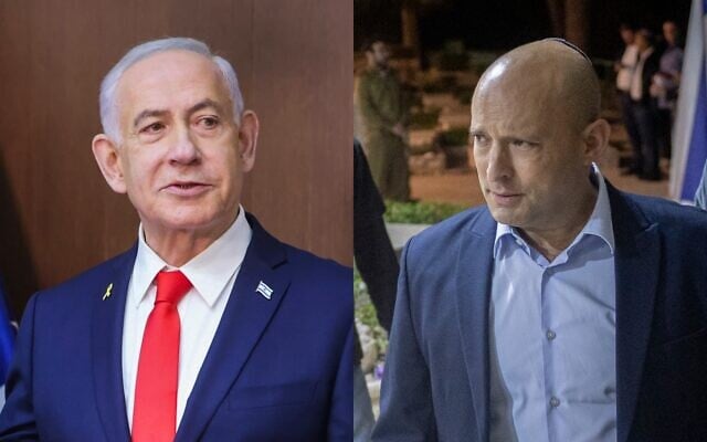 Left: Prime Minister Benjamin Netanyahu, October 22, 2025; right: Former prime minister Naftali Bennett, October 15, 2025 (Marc Israel Sellem/POOL; Chaim Goldberg/Flash90)