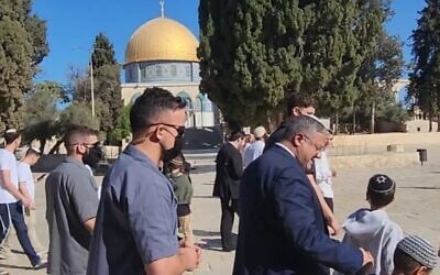 National Security Minister Itamar Ben Gvir visits the Temple Mount in Jerusalem's Old City, October 8, 2025. (Temple Mount Administration) National Security Minister Itamar Ben Gvir visits the Temple Mount in Jerusalem's Old City, October 8, 2025. (Temple Mount Administration)