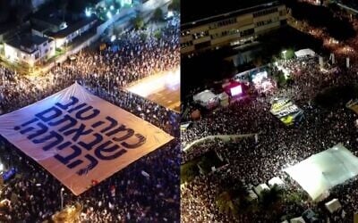 An artificial intelligence clip of Israelis celebrating the release of the hostages (left) alongside a clip of Hostage Square in Tel Aviv (right) in Yoni Bloch's new music video. (Screenshot via JTA)