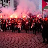 Anti-Israel, pro-Palestinian protesters gather ahead of the World Cup qualifying soccer match between Norway and Israel in Oslo, October 11, 2025. (Javad Parsa/NTB Scanpix via AP)