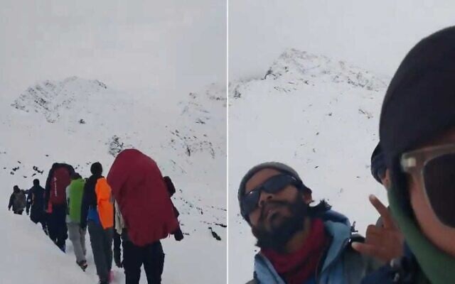 Screen grabs from an undated video of a group of trekkers as they became trapped by a snowstorm in Nepal (Video from Passportcard's Situation Room)