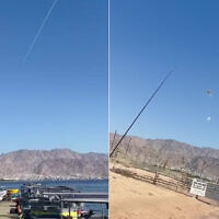 Israeli air defenses are seen working to shoot down Houthi drones over Eilat in southern Israel, October 7, 2025. (Screenshot: X)