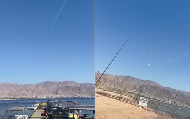 Israeli air defenses are seen working to shoot down Houthi drones over Eilat in southern Israel, October 7, 2025. (Screenshot: X)
