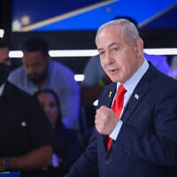 Prime Minister Benjamin Netanyahu appears on Channel 14's 'The Patriots,' in Modi'in on October 18, 2025. (Aloni Mor/Flash90)