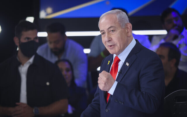 Prime Minister Benjamin Netanyahu appears on Channel 14's 'The Patriots,' in Modi'in on October 18, 2025. (Aloni Mor/Flash90)