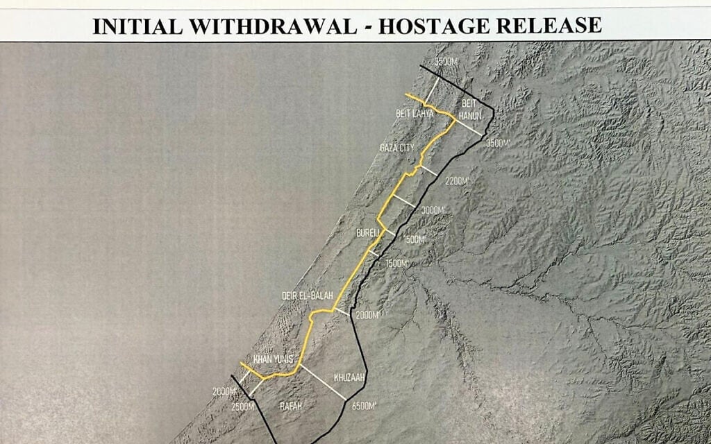 A map, posted online by US President Donald Trump on October 4, 2025, shows an initial withdrawal line that Trump says Israel has agreed to, and which has been sent to Hamas, for a ceasefire and hostage-prisoner exchange deal in Gaza. (Truth Social)