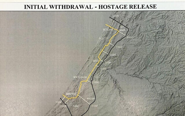 A map, posted online by US President Donald Trump on October 4, 2025, shows an initial withdrawal line that Trump says Israel has agreed to, and which has been sent to Hamas, for a ceasefire and hostage-prisoner exchange deal in Gaza. (Truth Social)