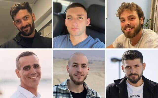 The first six hostages to be released on October 13, 2025:  Top row from left: Gali Berman, Matan Angrest, Alon Ohel.; Bottom row from left: Omri Miran, Eitan Mor, Ziv Berman (Courtesy)