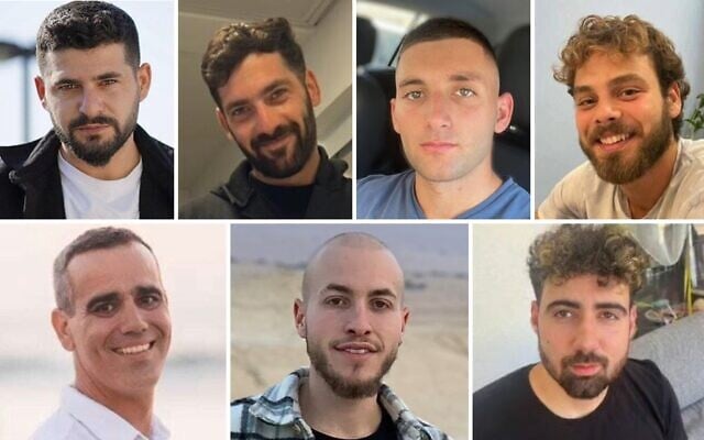 The seven hostages freed in the first round of releases on October 13, 2025: Top row from left: Ziv Berman, Gali Berman, Matan Angrest, Alon Ohel; Bottom row from left: Omri Miran, Eitan Mor, Guy Gilboa-Dalal