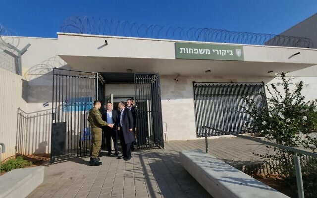United Torah Judaism MK Moshe Gafni visits the Beit Lid military prison, where several ultra-Orthodox yeshiva students are being held for draft evasion, October, 28, 2025. (Courtesy/Moshe Gafni's office)