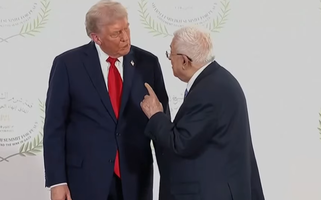 US President Donald Trump meets with Palestinian Authority President Mahmoud Abbas during a summit to support ending the more than two-year Israel-Hamas war in Gaza, Oct. 13, 2025, in Sharm El Sheikh, Egypt. (YouTube screenshot)