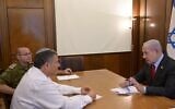 Prime Minister Benjamin Netanyahu holds his first meeting with new Shin Bet chief David Zini on October 5, 2025. (Amos Ben Gershom/GPO)
