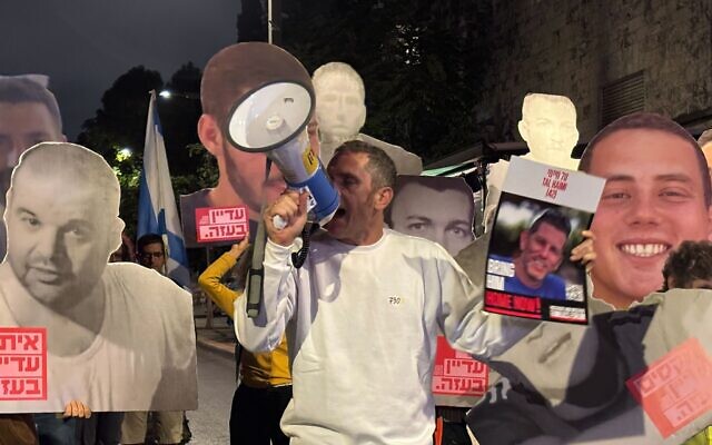 Udi Goren, cousin of slain hostage Tal Haimi, speaks to a protest outside the Prime Minister's Residence in Jerusalem, on October 5, 2025. (Charlie Summers/ Times of Israel) Udi Goren, cousin of slain hostage Tal Haimi, speaks to a protest outside the Prime Minister's Residence in Jerusalem, on October 5, 2025. (Charlie Summers/ Times of Israel)