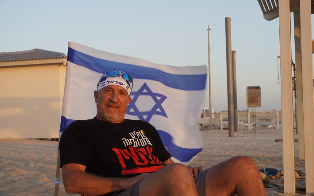 Mike Rudolph, an American Jew from Chicago while visiting Zikim Beach within a week after the site's reopening, two years after October 7, 2023, massacre on October 21, 2025. (Charlie Summers/Times of Israel)