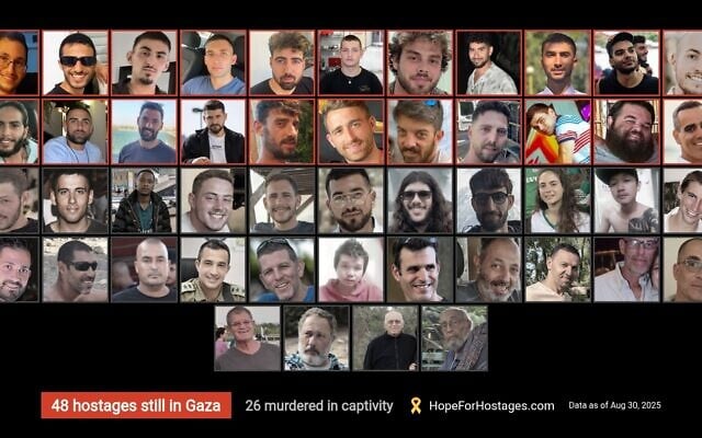 The 48 hostages held in Gaza, October 2025. (Combo image: HopeForHostages.com)