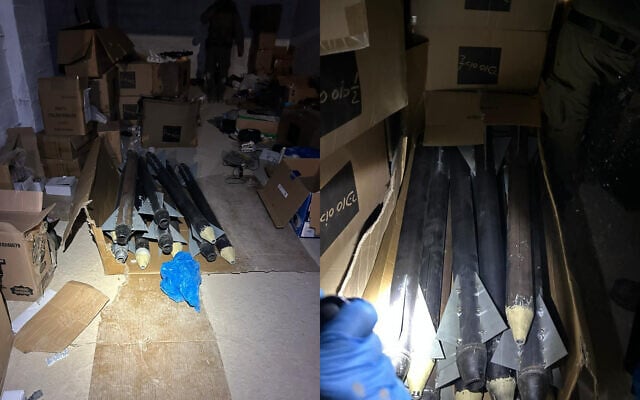 Rockets found by troops in the West Bank town of Beitunia, near Ramallah, early October 1, 2025. (Israel Police; Israel Defense Forces)