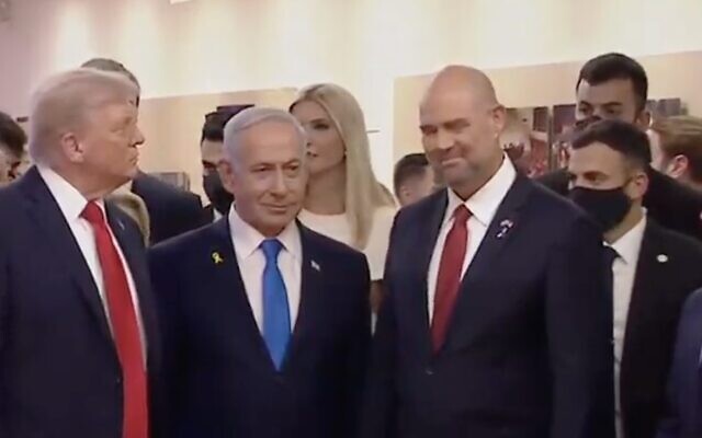 US President Donald Trump (L), Prime Minister Benjamin Netanyahu (C) and Knesset Speak Amir Ohana at the Knesset on October 13, 2025 (Screen grab)