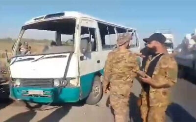 Footage shows the aftermath of a bus blast in Deir Ezzor, Syria, on October 16, 2025. (Screen capture via X, used in accordance with Clause 27a of the Copyright Law) Footage shows the aftermath of a bus blast in Deir Ezzor, Syria, on October 16, 2025. (Screen capture via X, used in accordance with Clause 27a of the Copyright Law)