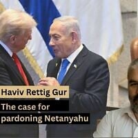 Haviv Rettig Gur (courtesy) / President Donald Trump talks with Israel's Prime Minister Benjamin Netanyahu at the Knesset, Israel's parliament, October 13, 2025, in Jerusalem. (Saul Loeb/Pool via AP)