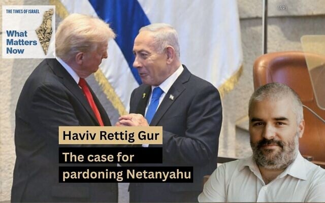 Haviv Rettig Gur (courtesy) / President Donald Trump talks with Israel's Prime Minister Benjamin Netanyahu at the Knesset, Israel's parliament, October 13, 2025, in Jerusalem. (Saul Loeb/Pool via AP)