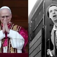 Pope Leo XIV (left) picked Roberto Benigni's Holocaust film "Life is Beautiful" as one of his all-time favorites. (Christopher Furlong/Getty Images / Sergio Strizzi, Michael Ochs Archives/Getty Images via JTA)