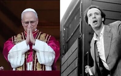 Pope Leo XIV (left) picked Roberto Benigni's Holocaust film "Life is Beautiful" as one of his all-time favorites. (Christopher Furlong/Getty Images / Sergio Strizzi, Michael Ochs Archives/Getty Images via JTA)
