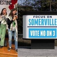 (L-r) Somerville for Palestine supporters celebrate a projected win for a non-binding resolution imploring the Boston suburb to divest from companies that do business with Israel, in New Jersey, November 4, 2025; a still from an ad opposing the measure paid for by a local Jewish group. (Screenshot via Instagram; Screenshot via YouTube via JTA)