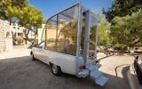 A popemobile used by Pope Francis during his visit to Bethlehem in 2014, after renovations to convert it into a mobile health clinic for children in Gaza, as seen in the West Bank in November 2025. (Courtesy)