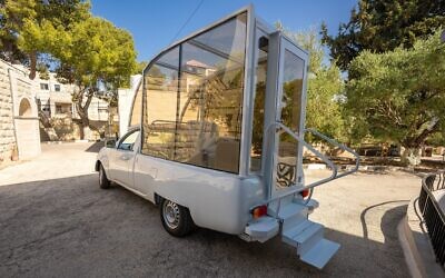 A popemobile used by Pope Francis during his visit to Bethlehem in 2014, after renovations to convert it into a mobile health clinic for children in Gaza, as seen in the West Bank in November 2025. (Courtesy)