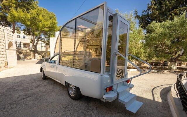 A popemobile used by Pope Francis during his visit to Bethlehem in 2014, after renovations to convert it into a mobile health clinic for children in Gaza, as seen in the West Bank in November 2025. (Courtesy) A popemobile used by Pope Francis during his visit to Bethlehem in 2014, after renovations to convert it into a mobile health clinic for children in Gaza, as seen in the West Bank in November 2025. (Courtesy)