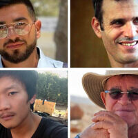 The four slain hostages whose bodies were still held in Gaza as of November 9, 2025 (Clockwise from top left): Ran Gvili, Dror Or, Meny Godard and Sudthisak Rinthalak. (Collage by Times of Israel; Photos: Courtesy)