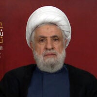 Hezbollah leader Naim Qassem speaks in a televised address, November 11, 2025. (Al-Manar)