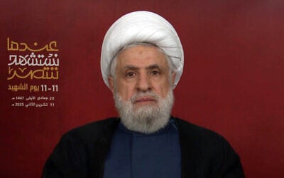 Hezbollah leader Naim Qassem speaks in a televised address, November 11, 2025. (Al-Manar)