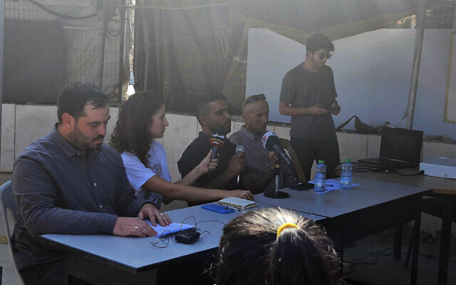 Residents of Umm al-Khair speak during a press conference in the West Bank village on November 5, 2025. (Nurit Yohanan/Times of Israel) Residents of Umm al-Khair speak during a press conference in the West Bank village on November 5, 2025. (Nurit Yohanan/Times of Israel)