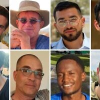 The eight deceased hostages whose bodies were still held in Gaza as of November 3, 2025: (Top row from left) Hadar Goldin, Meny Godard, Ran Gvili, Dror Or; (Bottom row) Sudthisak Rinthalak, Lior Rudaeff, Joshua Mollel, Itay Chen. (Collage by Times of Israel; Photos: Courtesy)