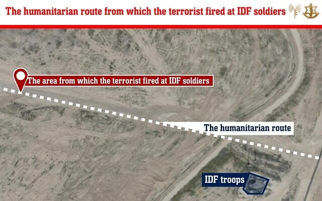 This IDF infographic shows the location where a Palestinian gunman opened fire on Israeli troops in the southern Gaza Strip, before being shot dead, on November 22, 2025. (Israel Defense Forces)