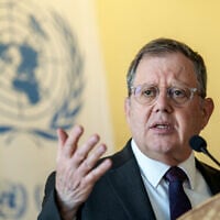 Israeli Ambassador Daniel Meron addresses reporters at the United Nations offices in Geneva on March 10, 2025. (Fabrice Coffrini/AFP)