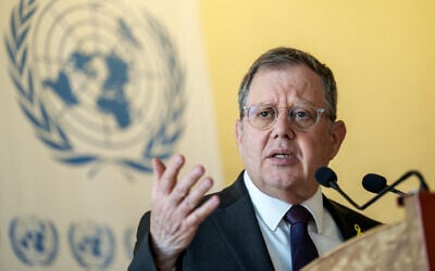 Israeli Ambassador Daniel Meron addresses reporters at the United Nations offices in Geneva on March 10, 2025. (Fabrice Coffrini/AFP)