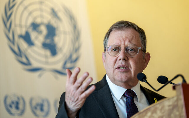 Israeli Ambassador Daniel Meron addresses reporters at the United Nations offices in Geneva on March 10, 2025. (Fabrice Coffrini/AFP) Israeli Ambassador Daniel Meron addresses reporters at the United Nations offices in Geneva on March 10, 2025. (Fabrice Coffrini/AFP)
