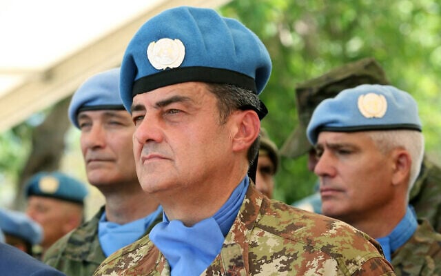 United Nations Interim Force In Lebanon (UNIFIL) Head of Mission and Force Commander Major General Diodato Abagnara of Italy, looks on during the forces change of command handover ceremony at the UNIFIL HQ in the southern Lebanese town of Naqura on June 24, 2025 (MAHMOUD ZAYYAT / AFP)