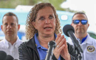 Rep. Debbie Wasserman Schultz (Democrat-Florida), during a press conference at the Dade-Collier Training and Transition Airport in Ochopee, Florida, on July 12, 2025. (JOE RAEDLE / GETTY IMAGES NORTH AMERICA / Getty Images via AFP)