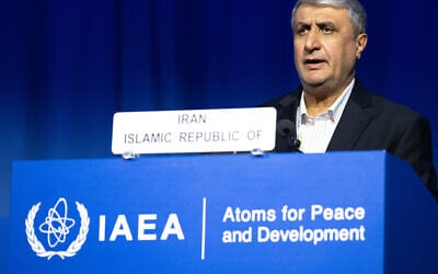 Head of Iran's Atomic Energy Organization (AEOI) Mohammad Eslami, speaks during the 69th regular plenary session of the International Atomic Energy Agency (IAEA) at its headquarters in Vienna, Austria on September 15, 2025. (Joe Klamar / AFP)